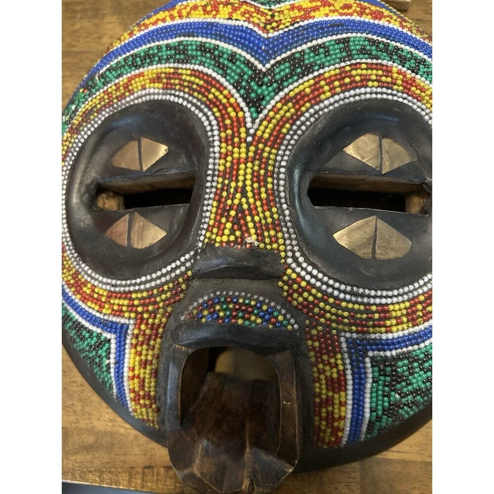 African Beaded Wall Mask Bamileke Style Cameroon Hand Carved Wood Tribal Art